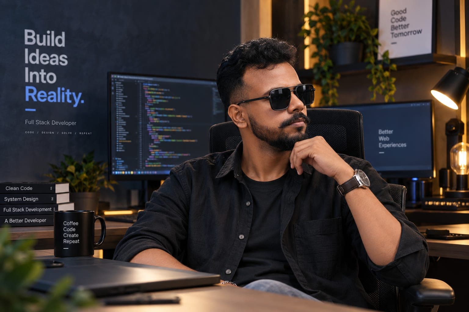 Joydip Ghosh at his desk in front of a code editor